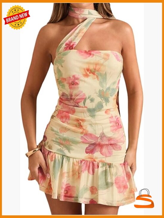 Dresses & Skirts - Sleeveless Halter Short Dress Bodycon Ruffle with Scarf